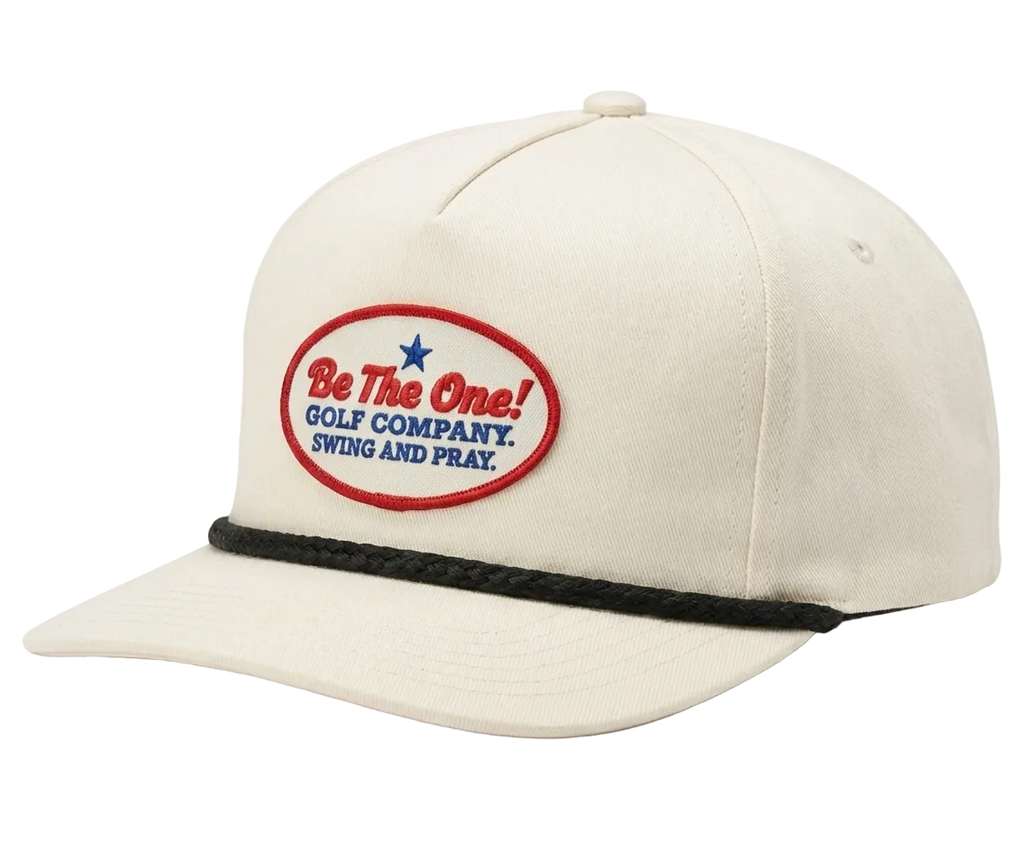 Beige cap with a logo and text on a white background