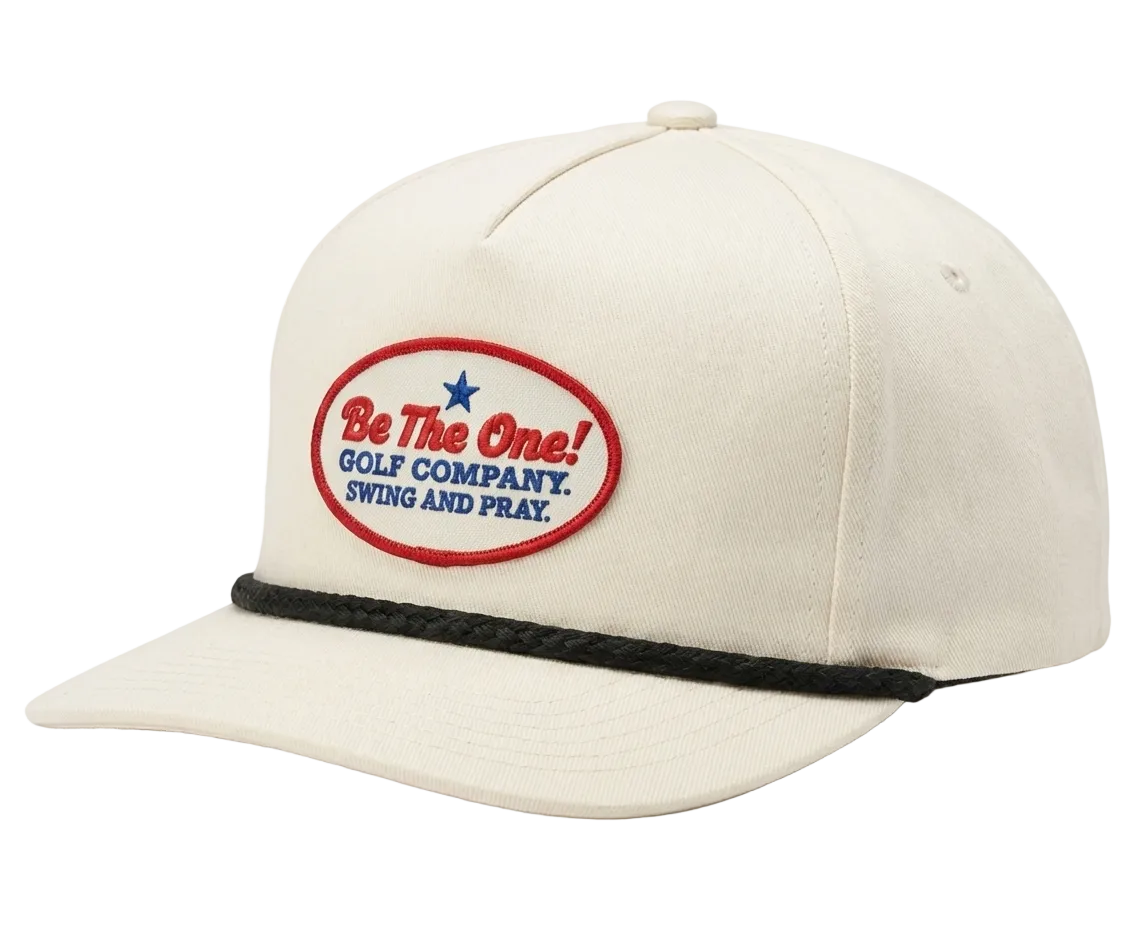 Beige cap with a logo and text on a white background