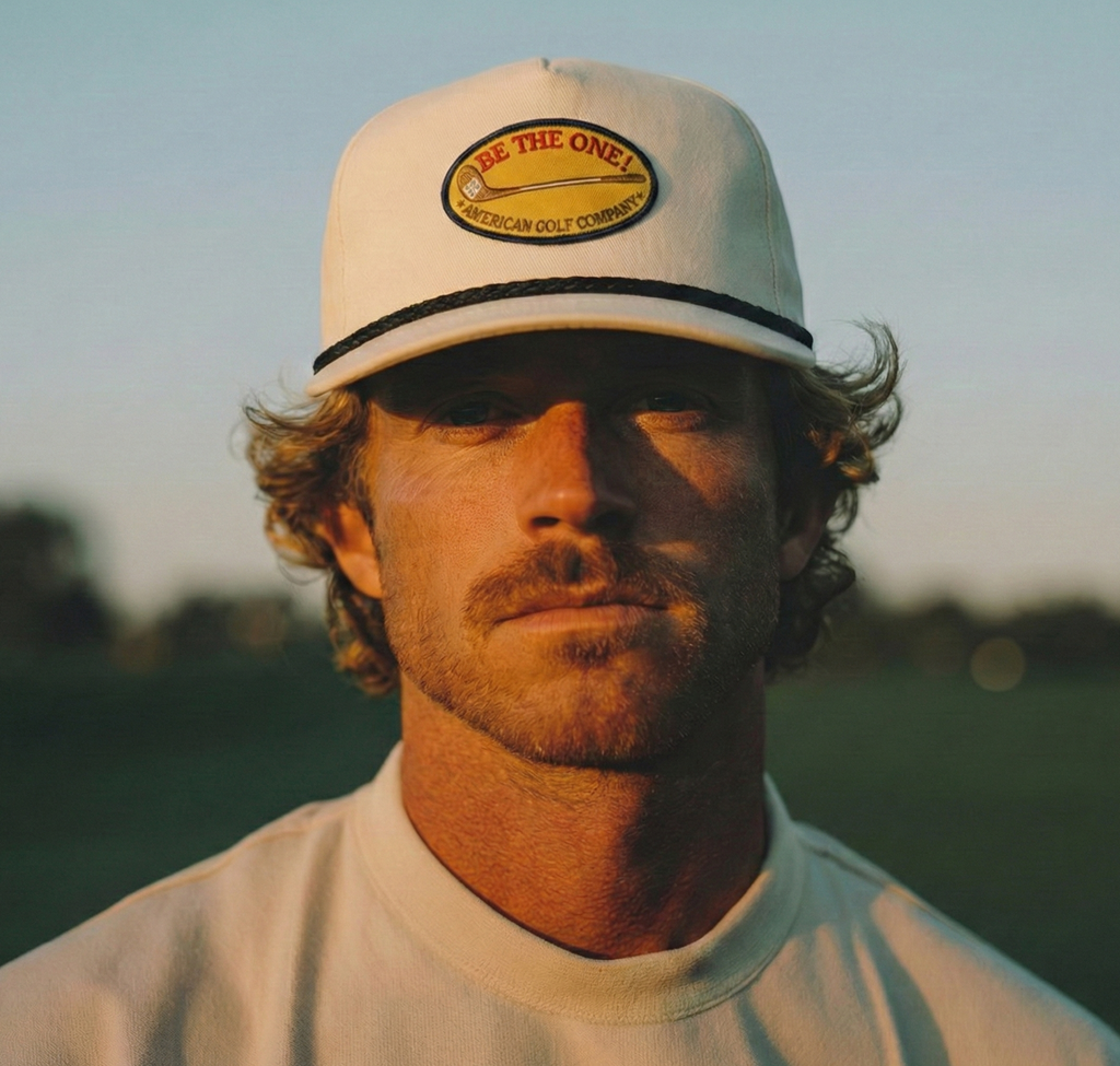 Man wearing a cap with a logo on a blurred outdoor background