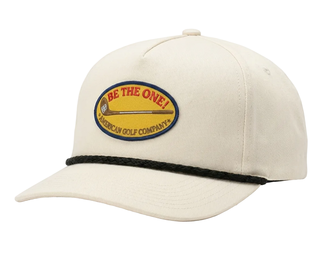 Beige cap with a logo and text on a white background
