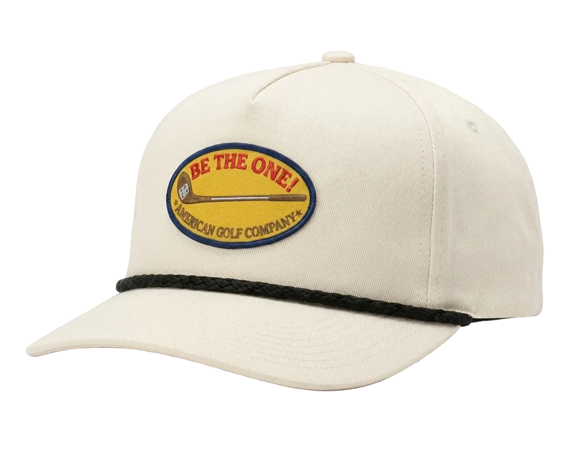 Beige cap with a logo and text on a white background