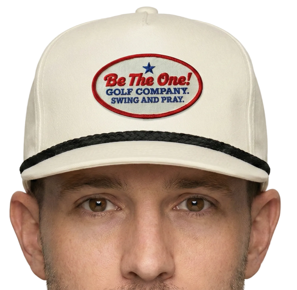 Beige cap with a logo and text on a white background