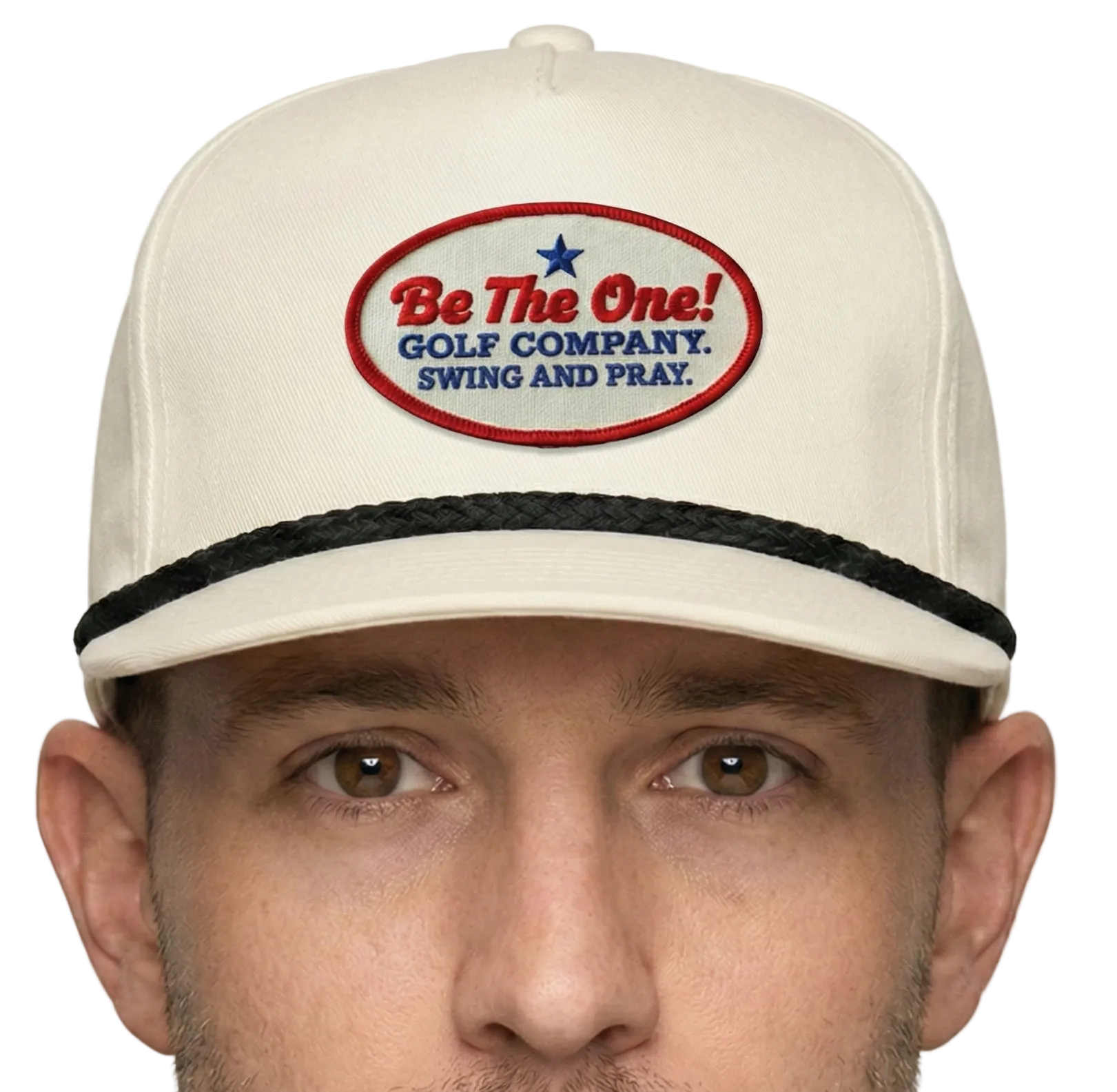 Beige cap with a logo and text on a white background